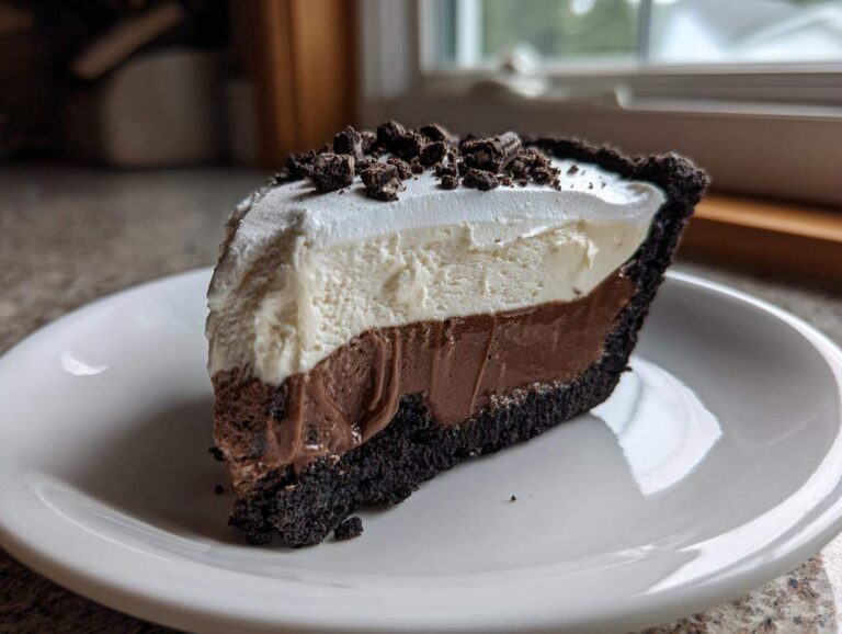 A close-up of a decadent slice of no bake Oreo pie showing a dark crust, chocolate layer, vanilla layer, and whipped topping.