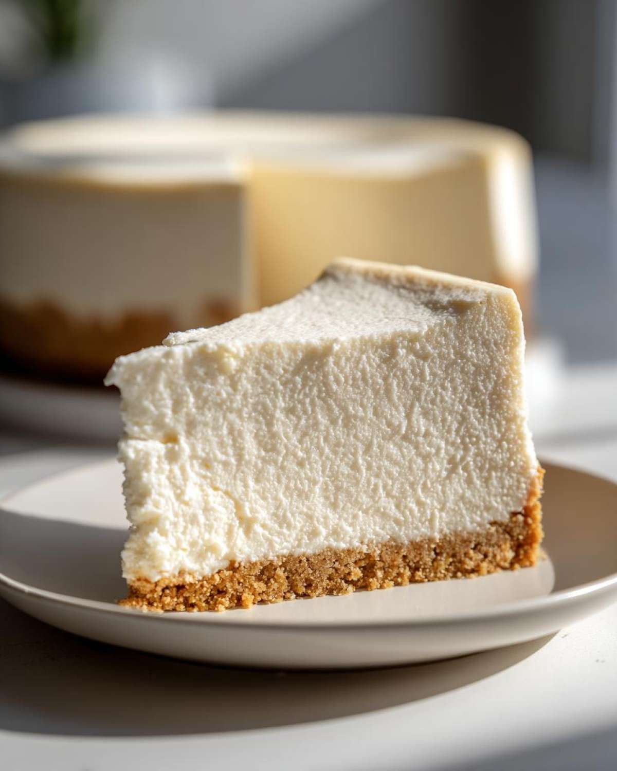 Close-up of a perfectly set slice of Nobake Cheesecake Silky Sets Perfectly on a plate.