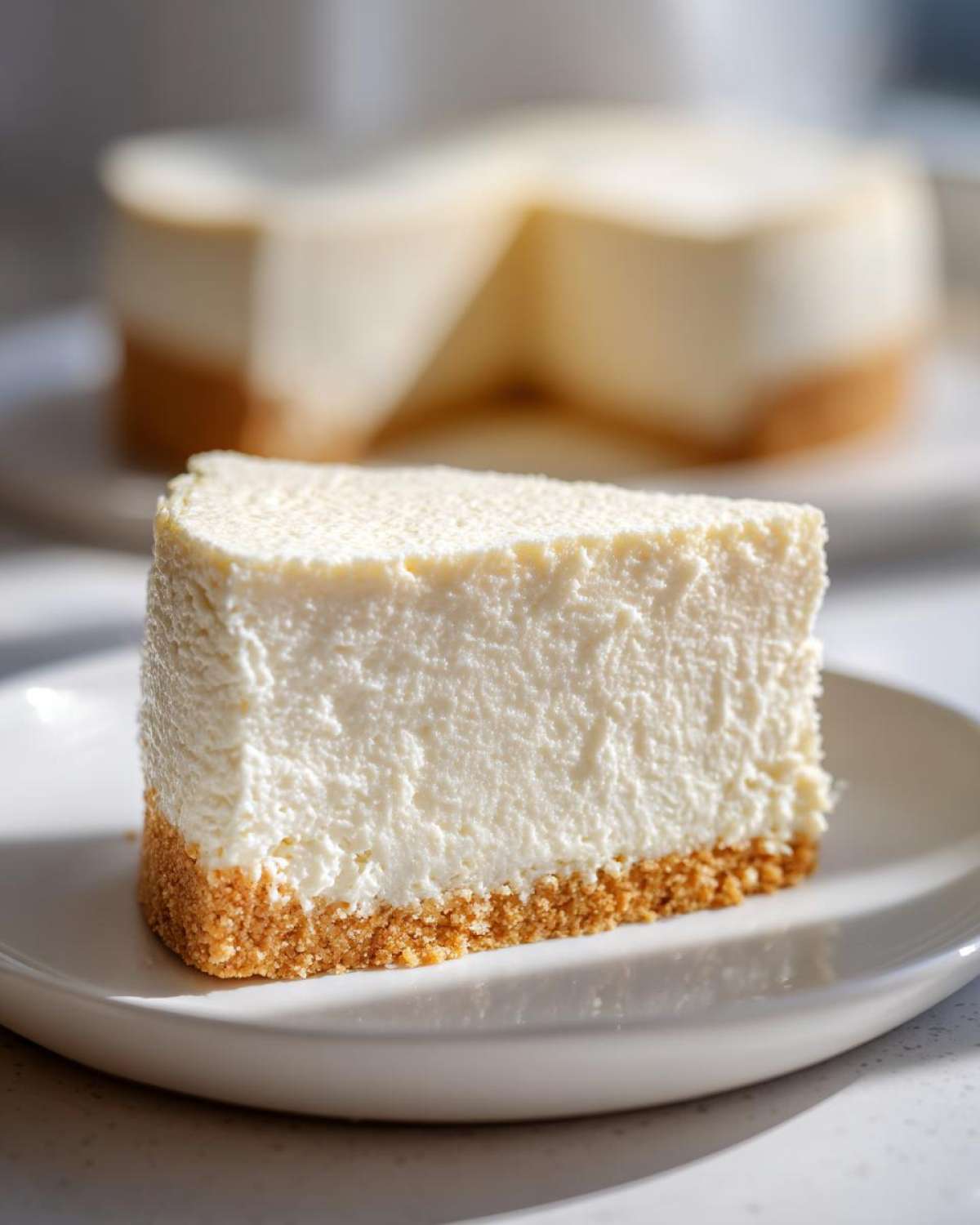 Close-up of a perfect slice of Nobake Cheesecake Silky Sets Perfectly on a white plate.