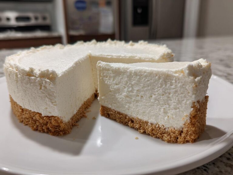 A slice cut from a whole, creamy white Nobake Cheesecake Silky Sets Perfectly, showing a thick graham cracker crust.