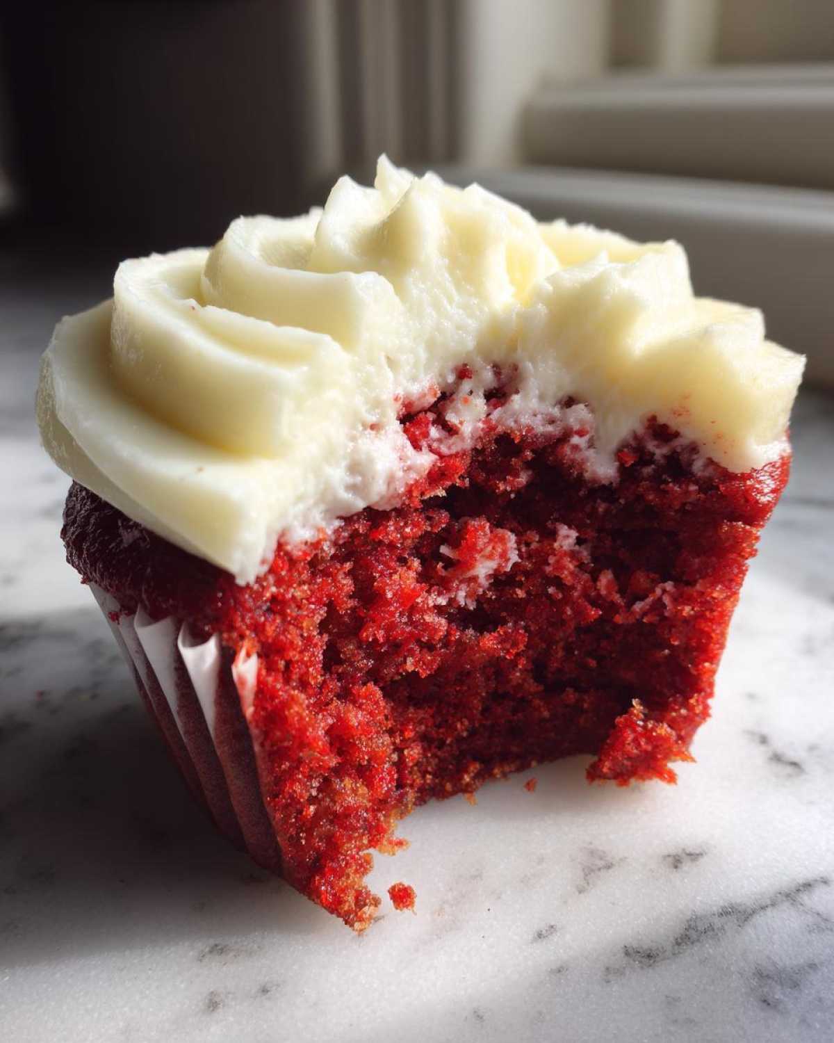 A close-up of a red velvet cupcakes with a bite taken out, showing the moist red crumb and thick white cream cheese frosting.