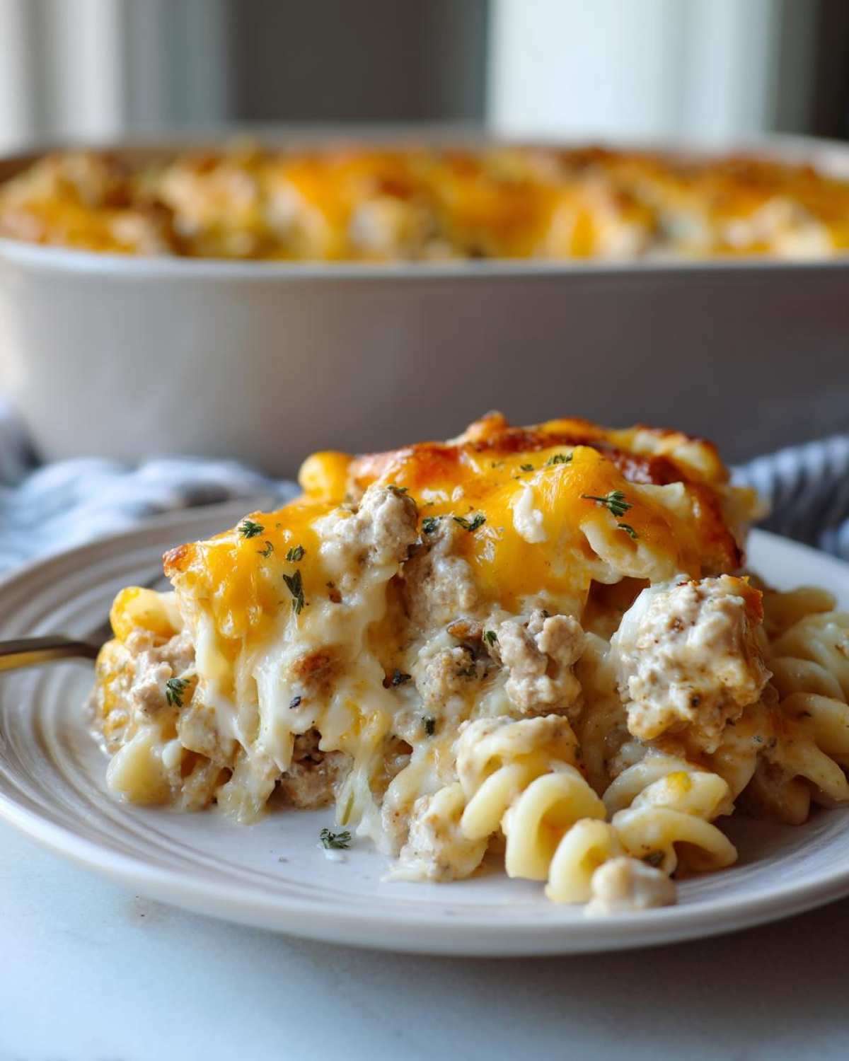 A close-up serving of One Pan Ground Turkey Casserole featuring creamy pasta, ground turkey, and melted cheddar cheese topping.