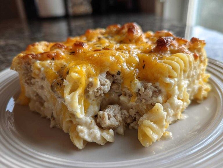 A close-up slice of creamy One Pan Ground Turkey Casserole topped with melted, browned cheddar cheese.