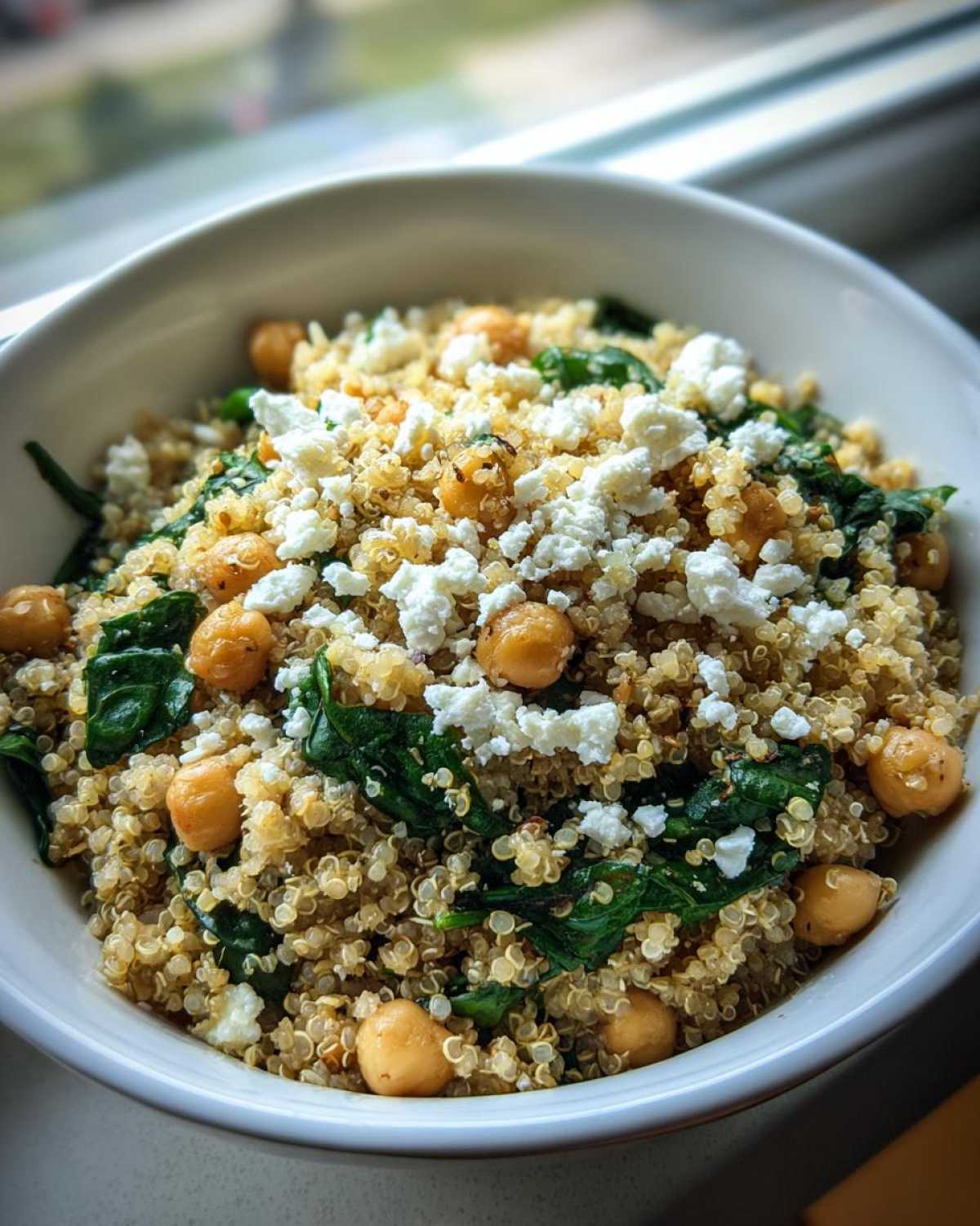 Close-up of a white bowl filled with the One Pot Chickpea Quinoa Recipe, topped with crumbled feta cheese and spinach.