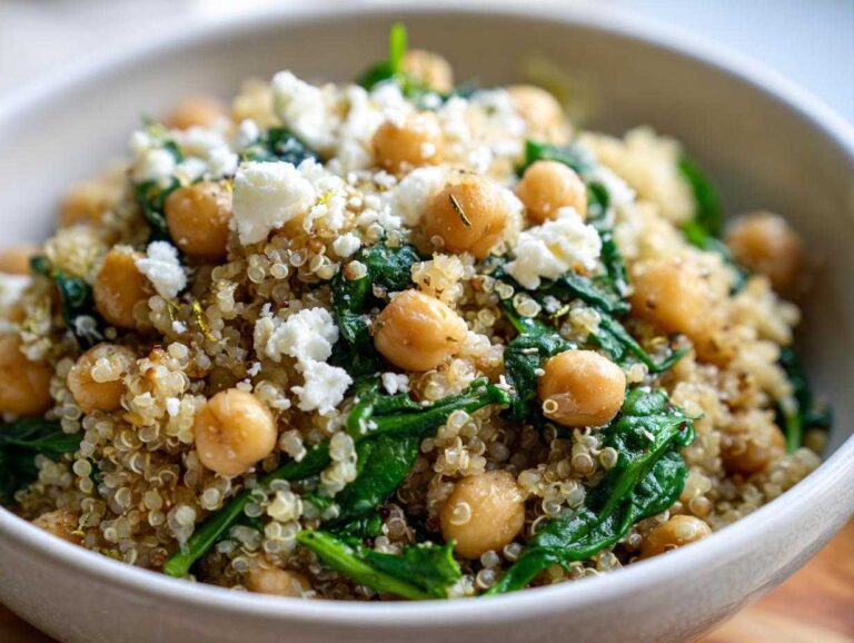 Amazing 1 Pot Chickpea Quinoa Recipe Close-up of a bowl filled with the One Pot Chickpea Quinoa Recipe, featuring chickpeas, spinach, and feta cheese.
