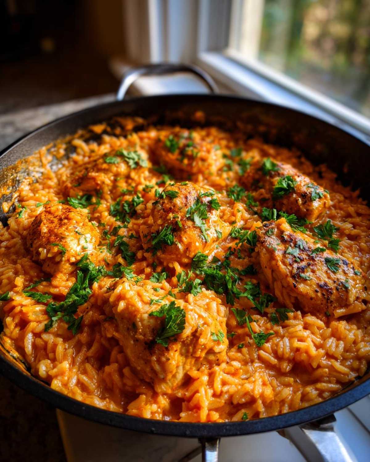 Close-up of flavorful Creamy Cajun Chicken Rice cooked in a black skillet, topped with fresh parsley.