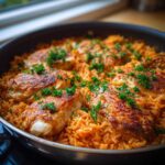 Close-up of seared chicken breasts nestled in orange-hued rice, garnished with parsley, showcasing Creamy Cajun Chicken Rice.