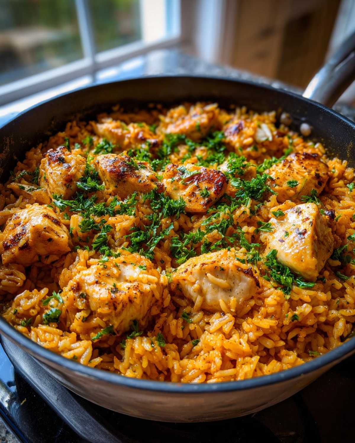 Close-up of golden, seasoned chicken pieces nestled in orange-hued Creamy Cajun Chicken Rice, garnished with fresh parsley.