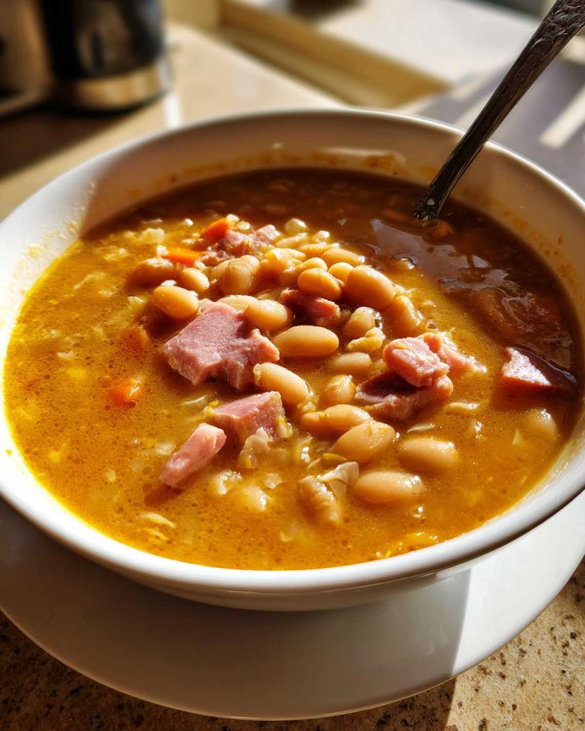 Close-up of a warm bowl of navy bean soup, rich with broth, white beans, and pieces of ham.