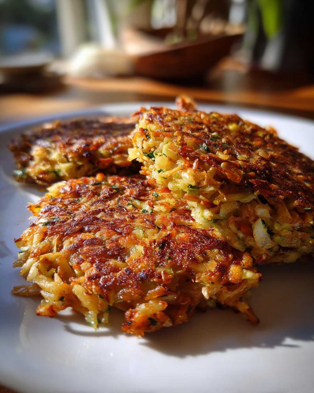 Close-up of three crispy, golden Oven-Baked Cabbage Burgers stacked slightly on a white plate.