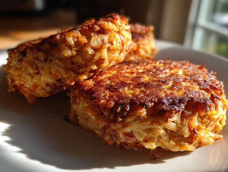 Close-up of two golden brown, crispy Oven-Baked Cabbage Burgers stacked on a white plate.