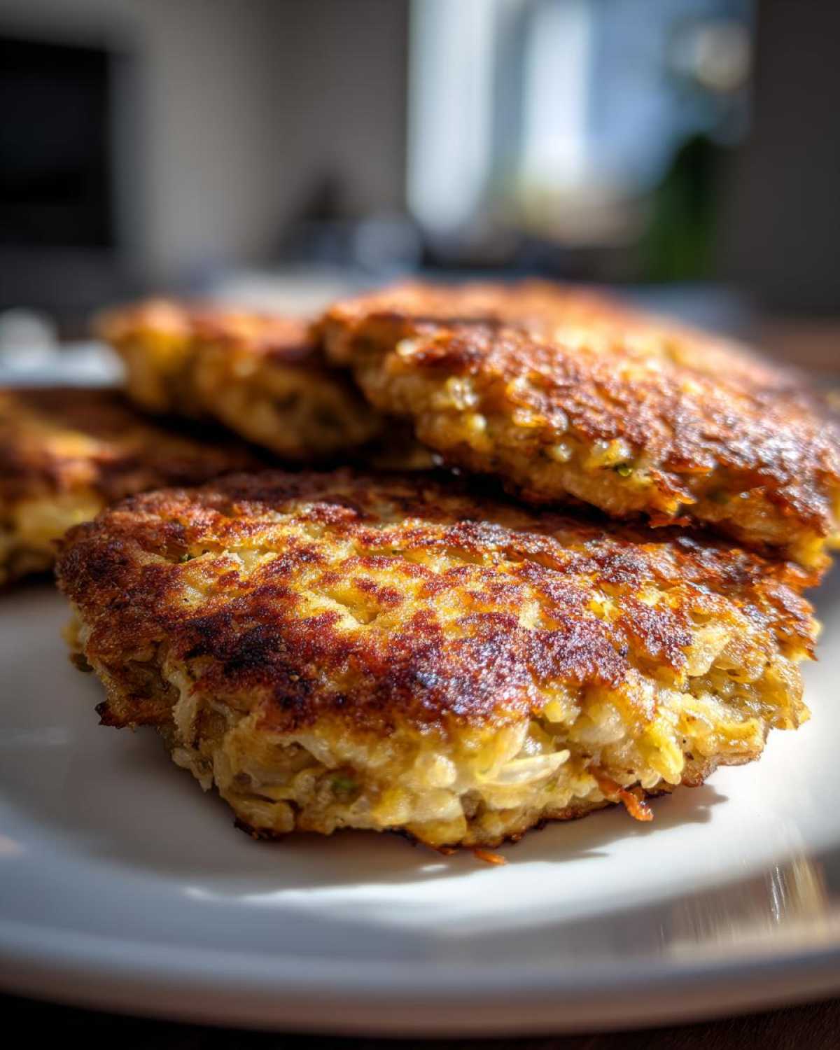 Close-up of several golden brown Oven-Baked Cabbage Burgers stacked on a white plate, showing crispy edges.