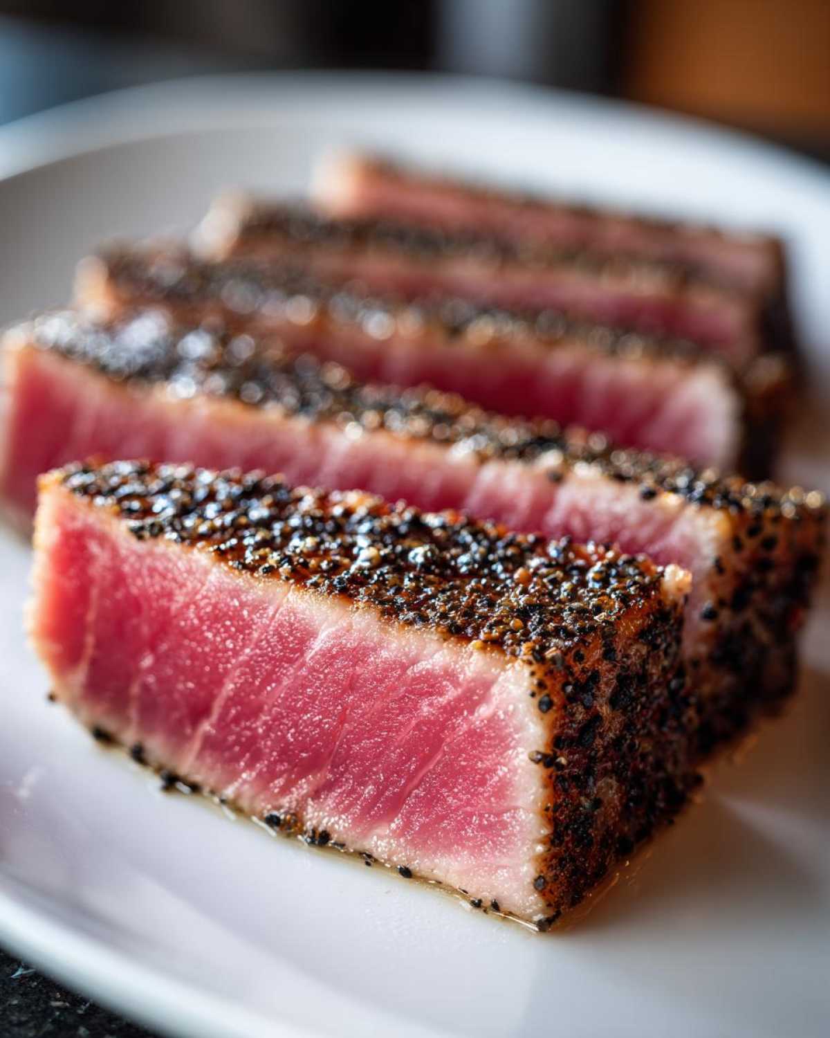 Close-up of perfectly seared, rare Tuna Steaks, sliced and crusted with black pepper.