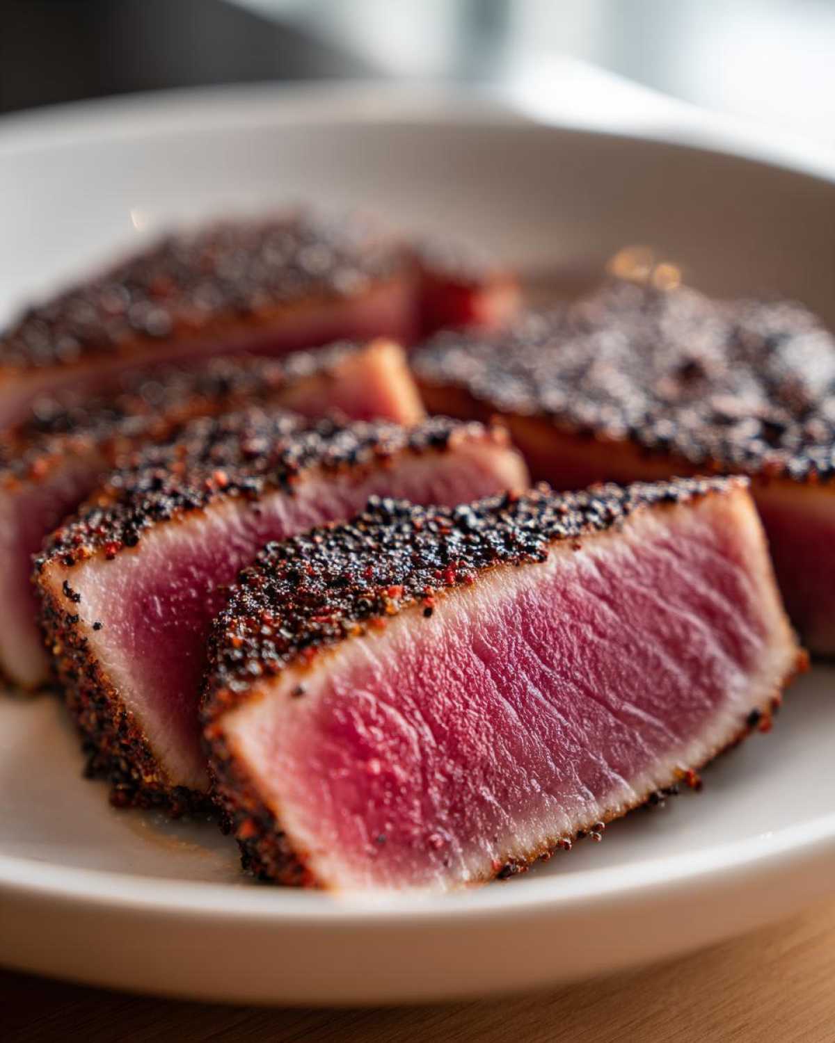 Close-up of perfectly seared and sliced tuna steaks coated in black pepper crust.