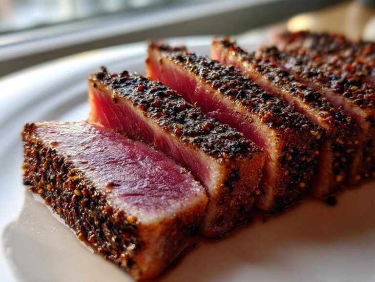Close-up of perfectly seared, rare Tuna Steaks sliced and crusted with black and multicolored peppercorns.