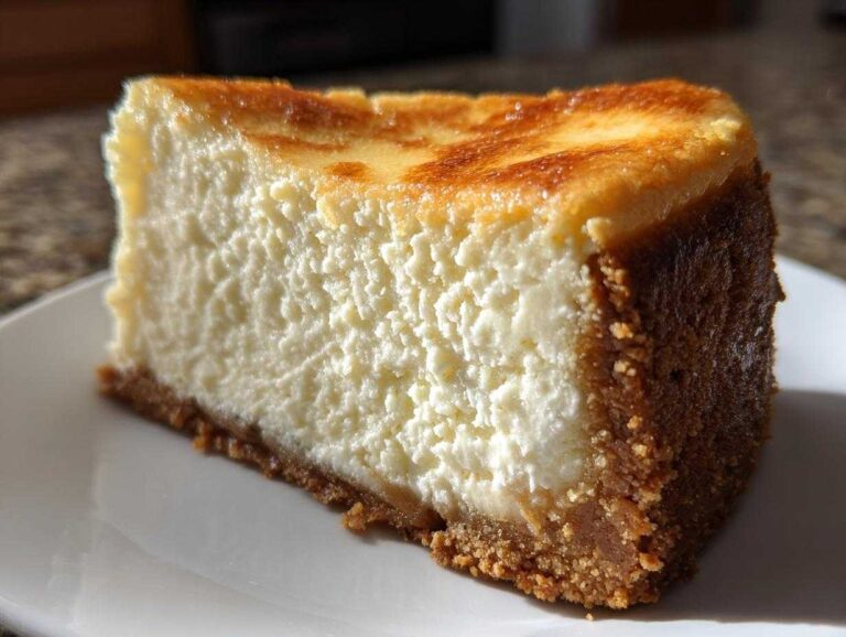 Close-up of a thick, creamy slice of new york cheesecake with a golden-brown top and graham cracker crust.
