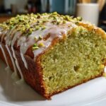 A slice of moist, light green pistachio bread drizzled with white glaze and topped with chopped pistachios.
