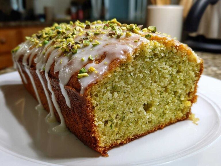 A slice of moist, light green pistachio bread drizzled with white glaze and topped with chopped pistachios.