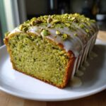 A close-up of a freshly baked pistachio bread loaf, topped with white glaze and chopped pistachios.