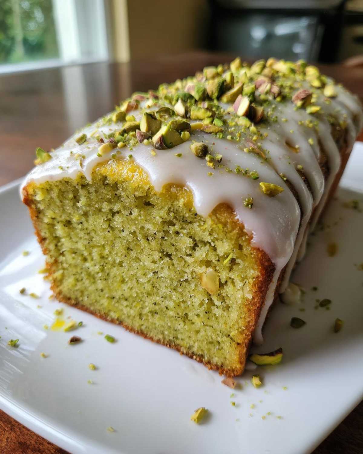 A close-up slice of vibrant green pistachio bread topped with white glaze and chopped pistachios.