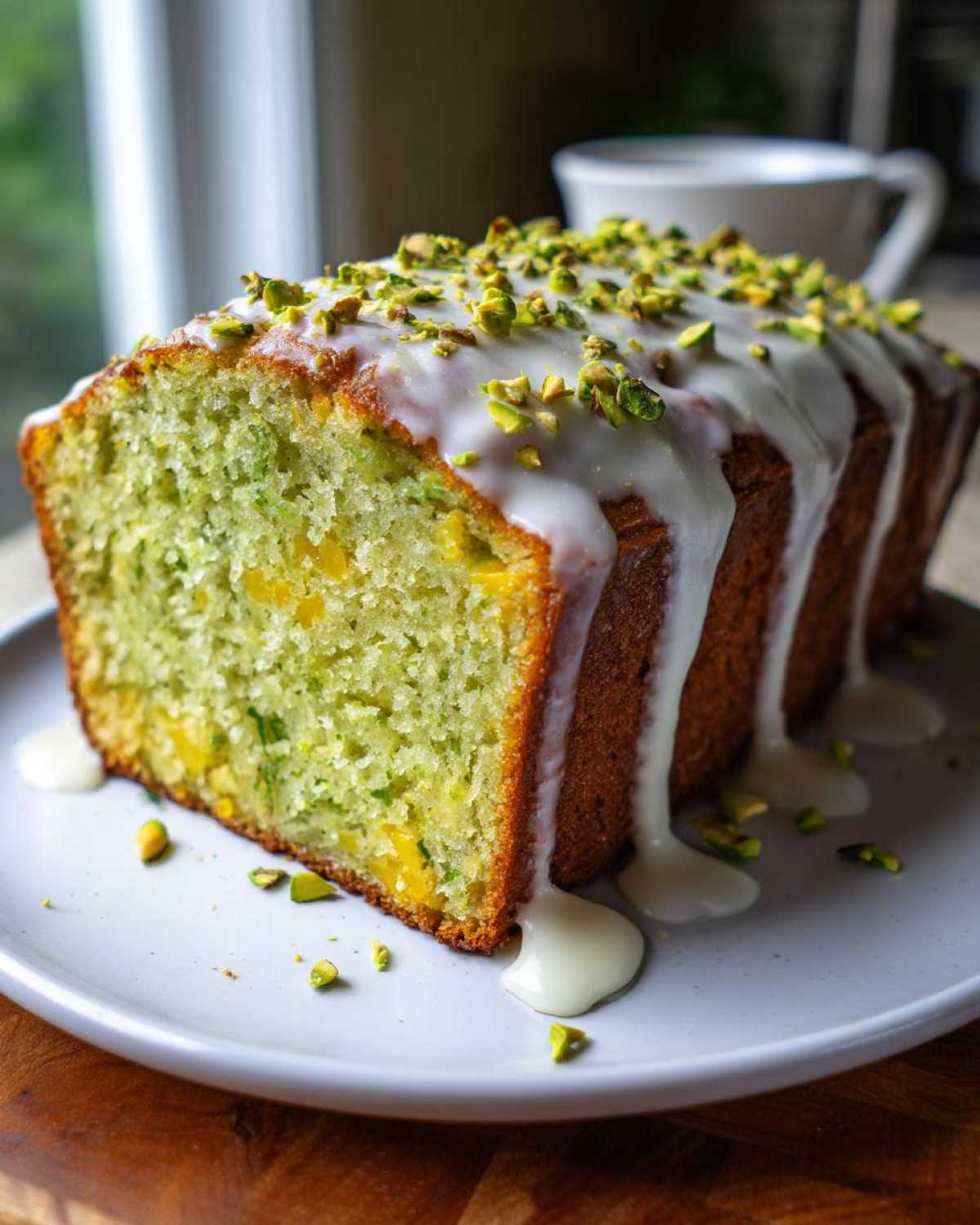 A close-up of a slice of vibrant green pistachio bread topped with white glaze and chopped pistachios.