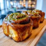 A close-up shot of freshly baked Pistachio Cream Cinnamon Rolls drizzled with caramel sauce and topped with green pistachio crumble.