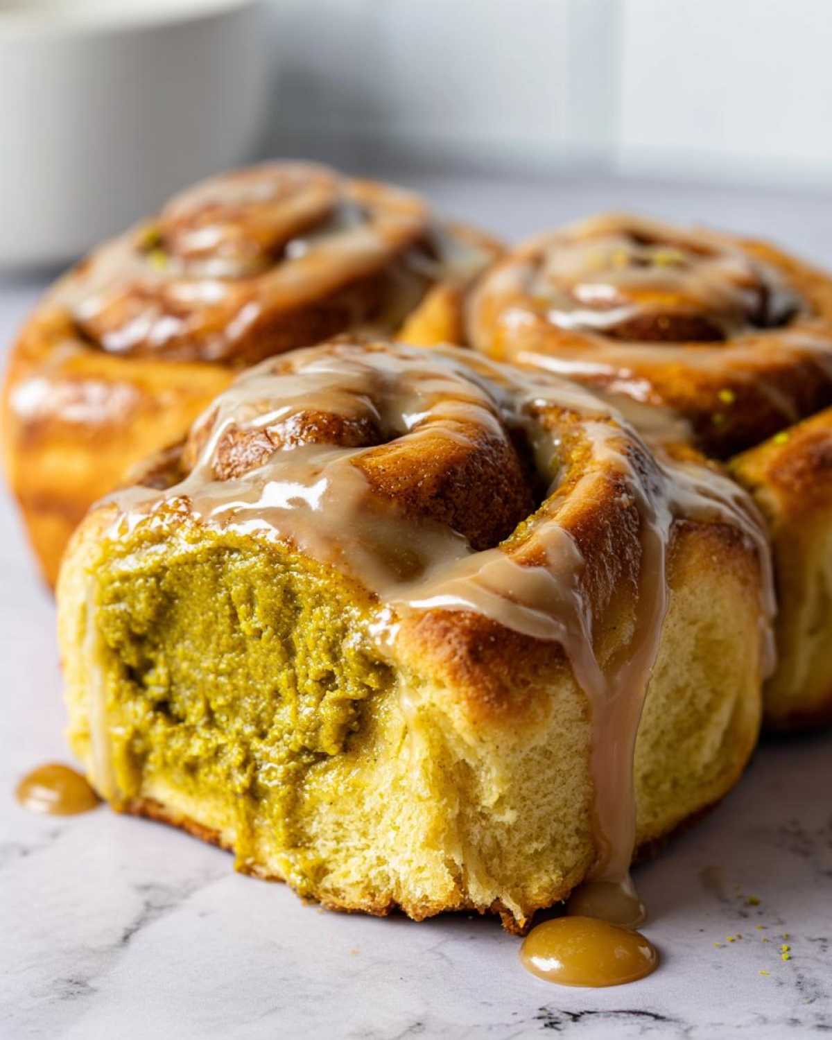 A close-up of a soft, gooey Pistachio Cream Cinnamon Roll cut open, revealing bright green filling and dripping with caramel glaze.