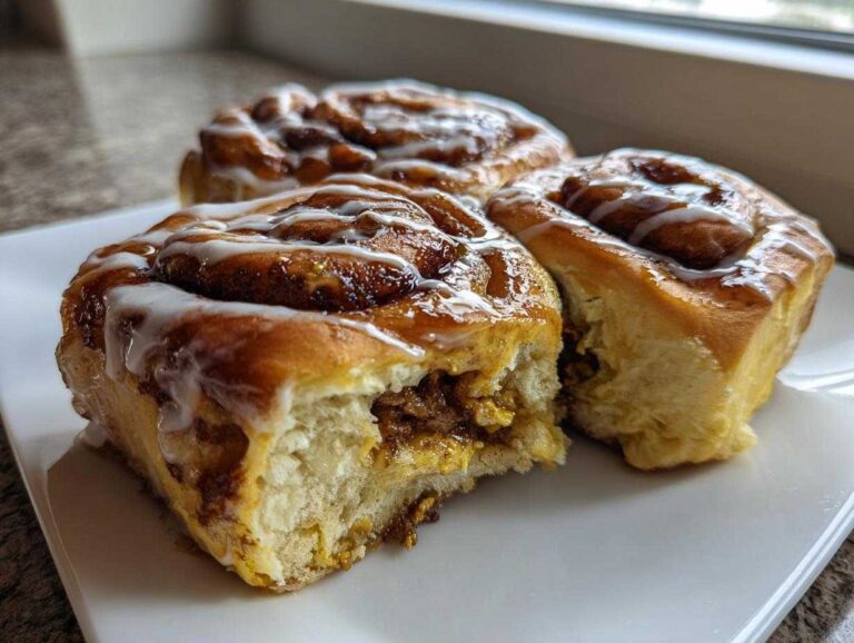 Amazing 12 Pistachio Cream Cinnamon Rolls Now Three soft Pistachio Cream Cinnamon Rolls drizzled with white icing, one roll is broken open showing the filling.