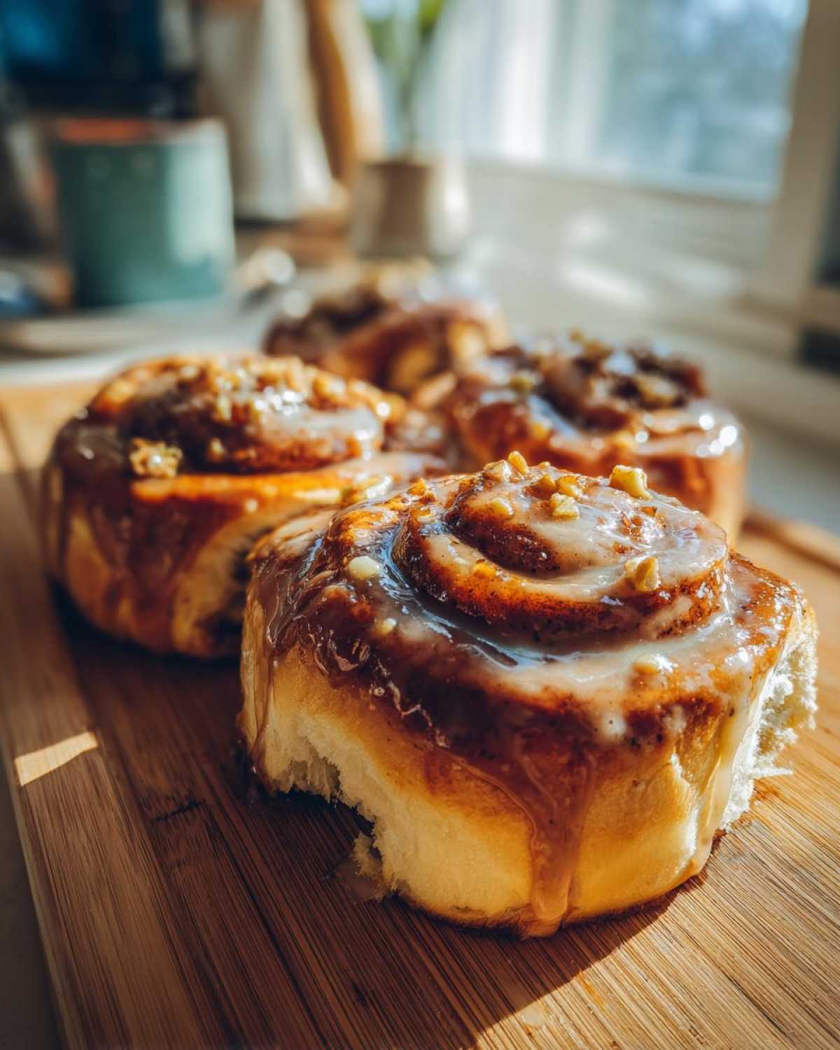 Close-up of freshly baked Pistachio Cream Cinnamon Rolls drizzled with glaze and topped with chopped nuts on a wooden board.