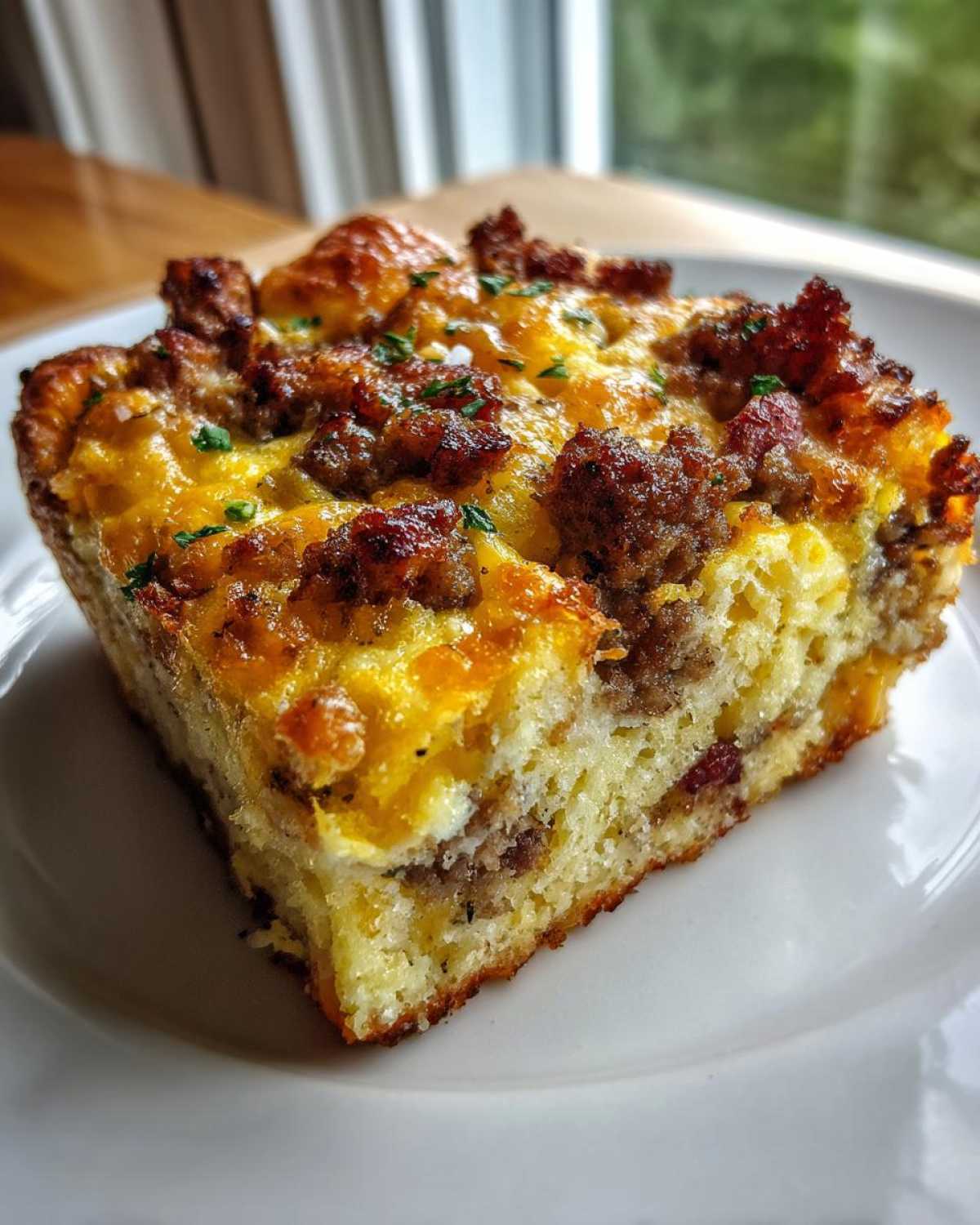 A square slice of Quick Breakfast Casserole featuring eggs, bread, sausage, and melted cheese on a white plate.