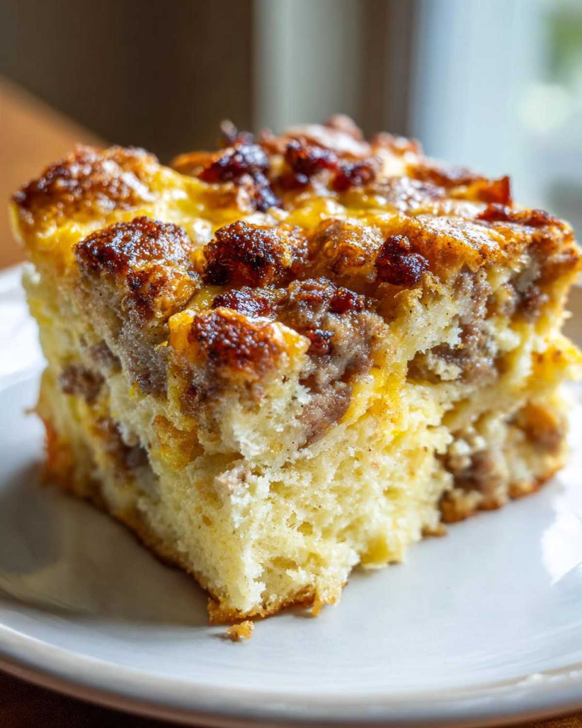 Close-up of a square slice of Quick Breakfast Casserole featuring fluffy bread, sausage, and a browned, cheesy top.