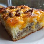 A close-up of a square slice of Quick Breakfast Casserole topped with melted cheddar cheese and sausage crumbles.