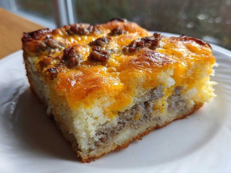A close-up of a square slice of Quick Breakfast Casserole topped with melted cheddar cheese and sausage crumbles.