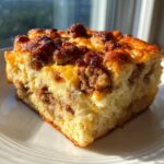 A close-up, sunlit slice of a golden Quick Breakfast Casserole with a browned, savory topping on a white plate.