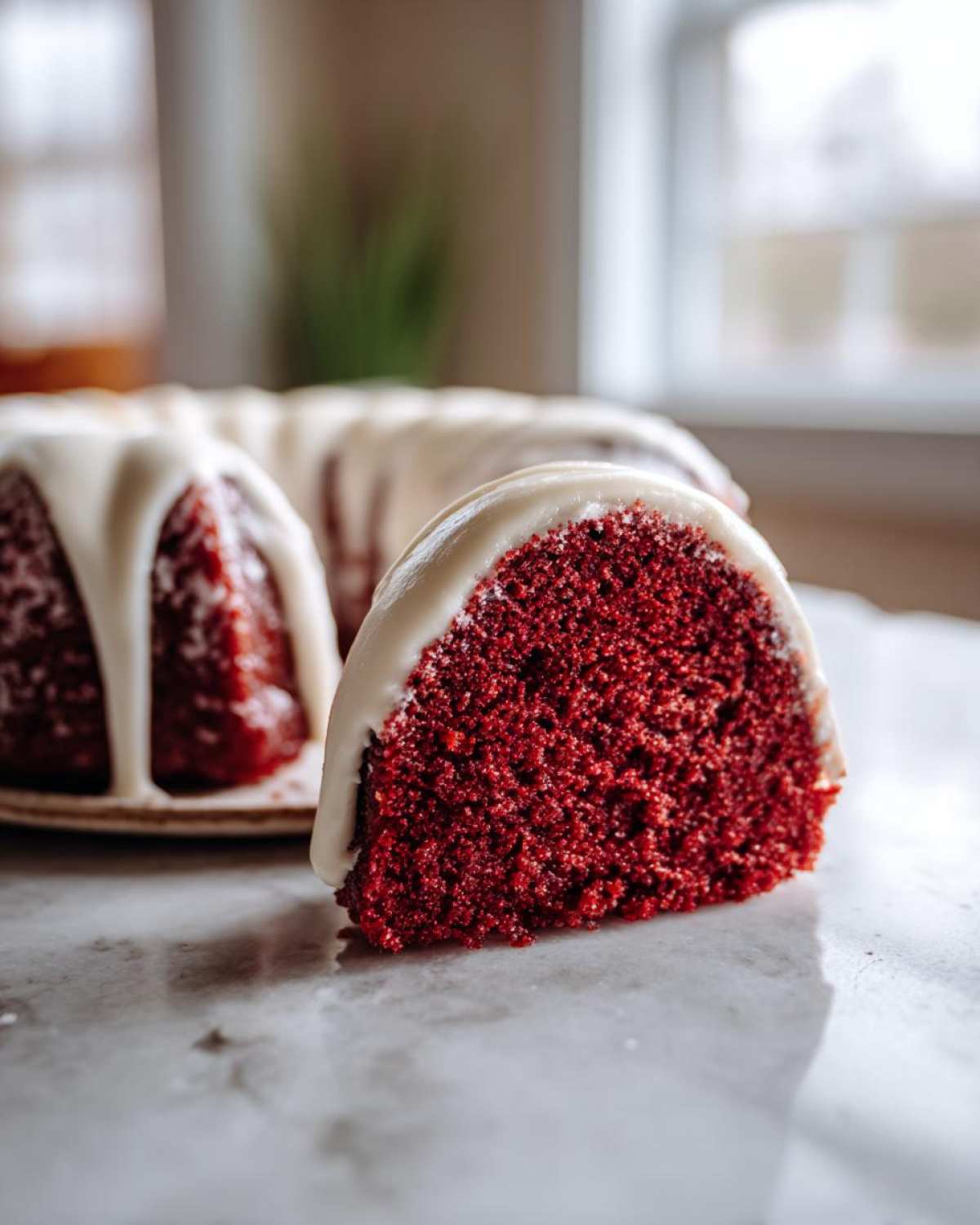 Close-up of a moist slice of red velvet bundt cake topped with dripping white cream cheese frosting.