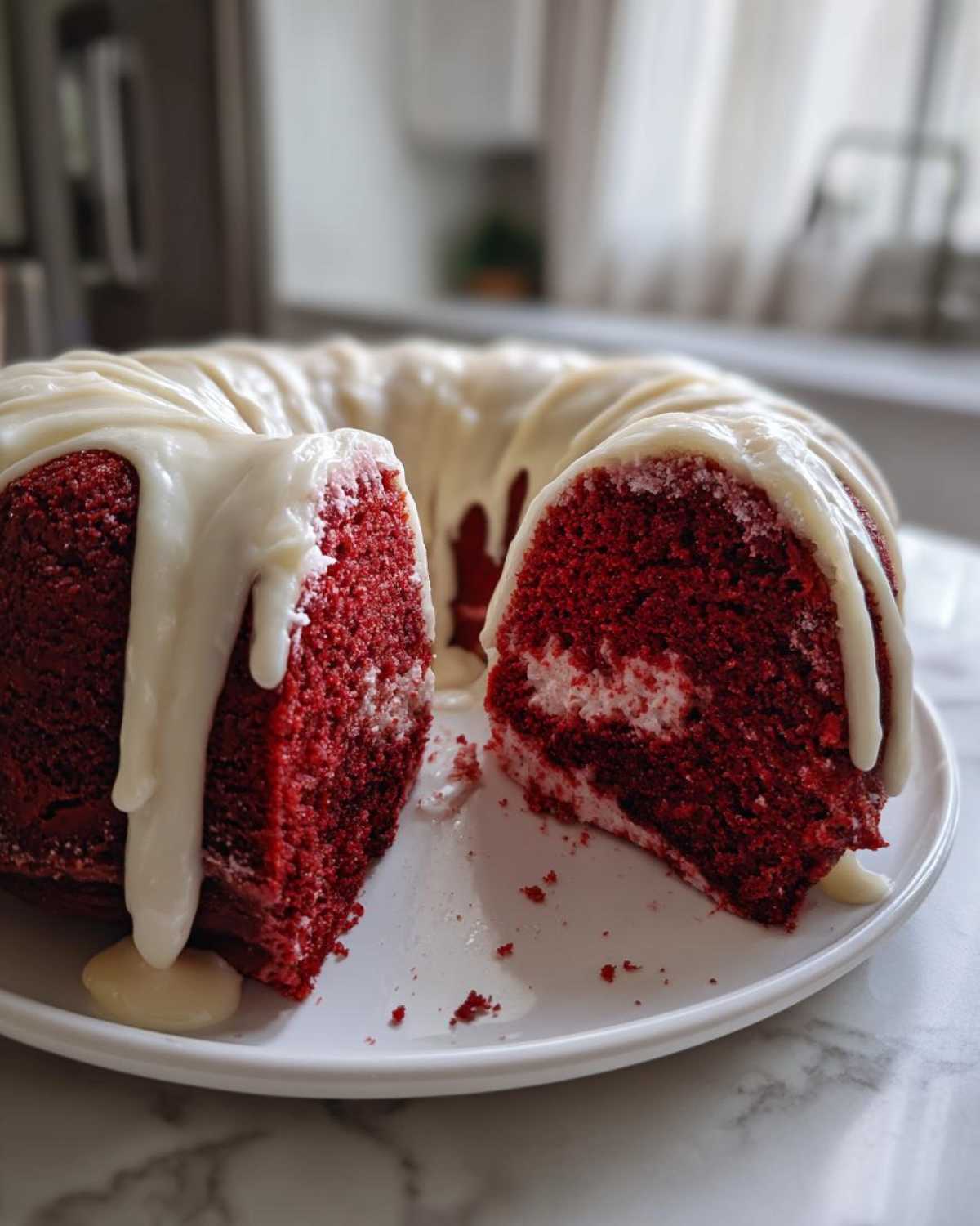 A slice cut from a vibrant red velvet bundt cake topped with thick white cream cheese glaze.