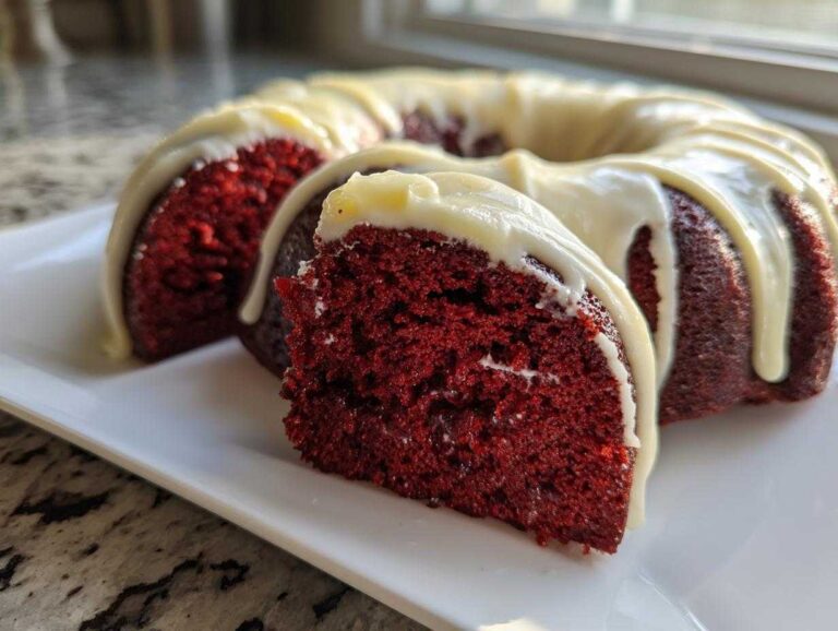 A slice cut from a vibrant red velvet bundt cake drizzled with white cream cheese glaze.