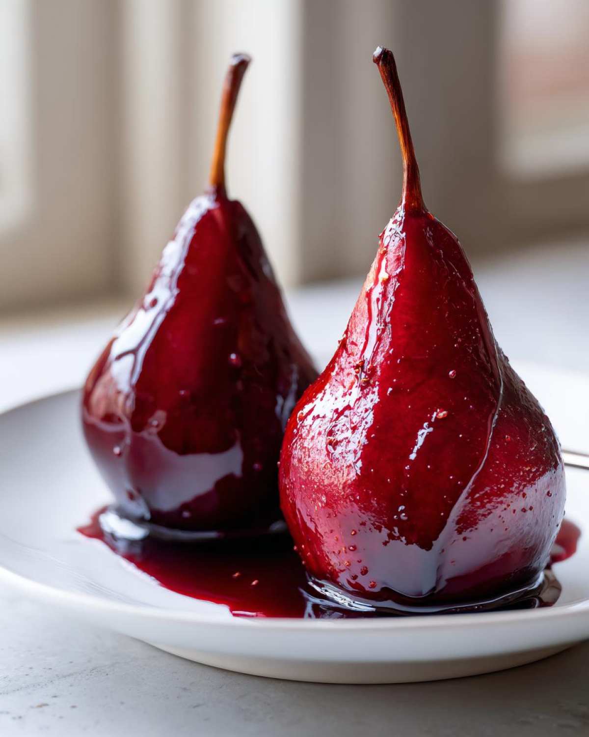 Close-up of two glistening, deep red wine poached pears served on a white plate with extra syrup.
