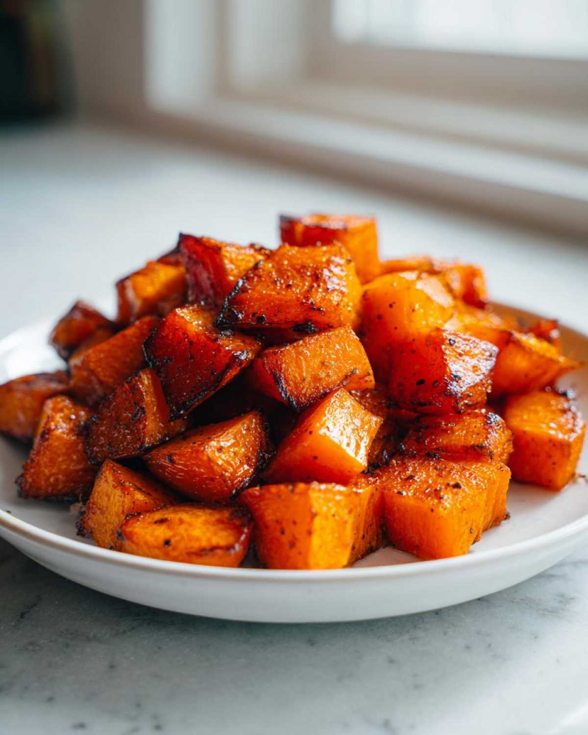 Close-up of a mound of caramelized, perfectly roasted butternut squash cubes on a white plate.