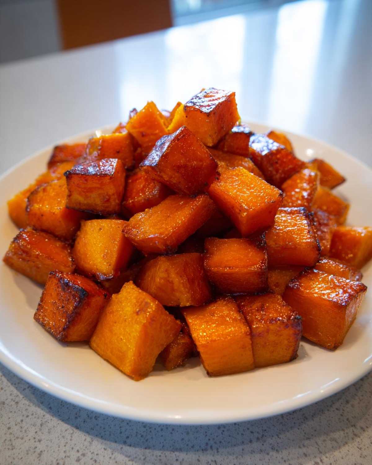 A pile of caramelized, glossy roasted butternut squash cubes served on a white plate.