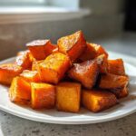 A pile of caramelized, cubed roasted butternut squash on a white plate, ready to serve.