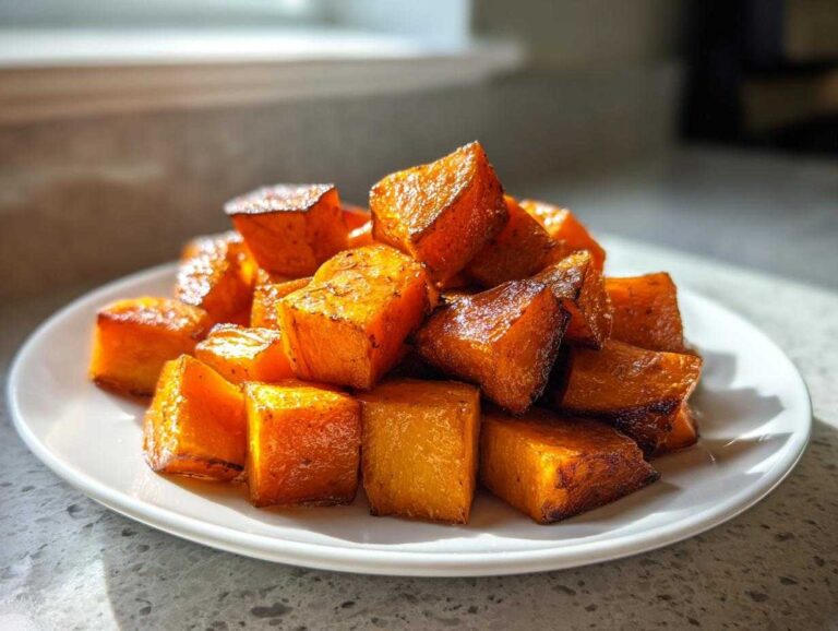 A pile of caramelized, cubed roasted butternut squash on a white plate, ready to serve.