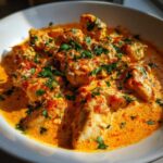 Close-up of tender chicken pieces coated in a vibrant orange roasted red pepper sauce, garnished with fresh parsley.