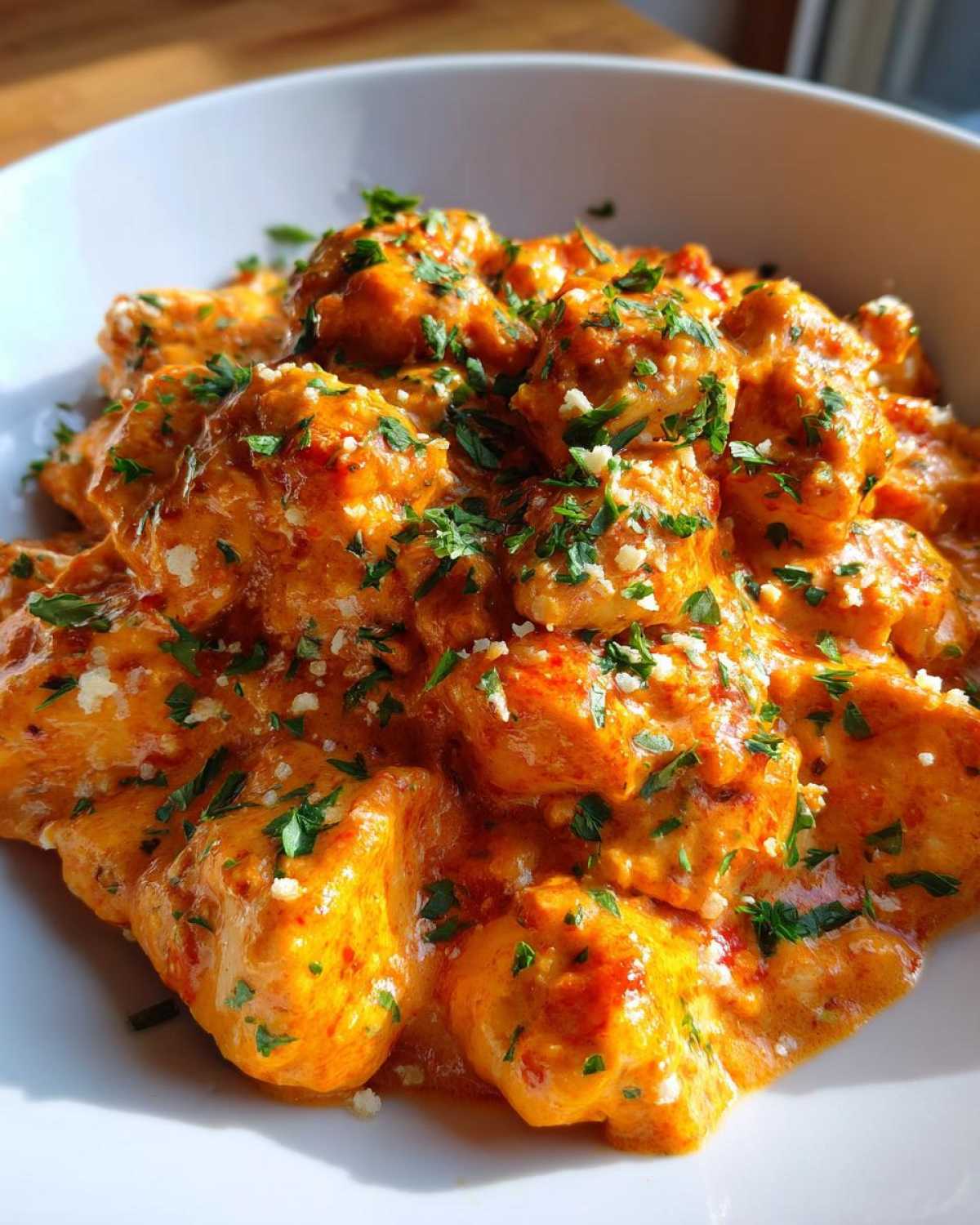 Close-up of tender chicken pieces coated in a rich, creamy orange sauce, garnished with fresh parsley and grated cheese, representing Roasted Red Pepper Chicken.