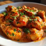 Close-up of tender chicken pieces coated in a rich, orange Roasted Red Pepper Chicken sauce, garnished with fresh parsley.