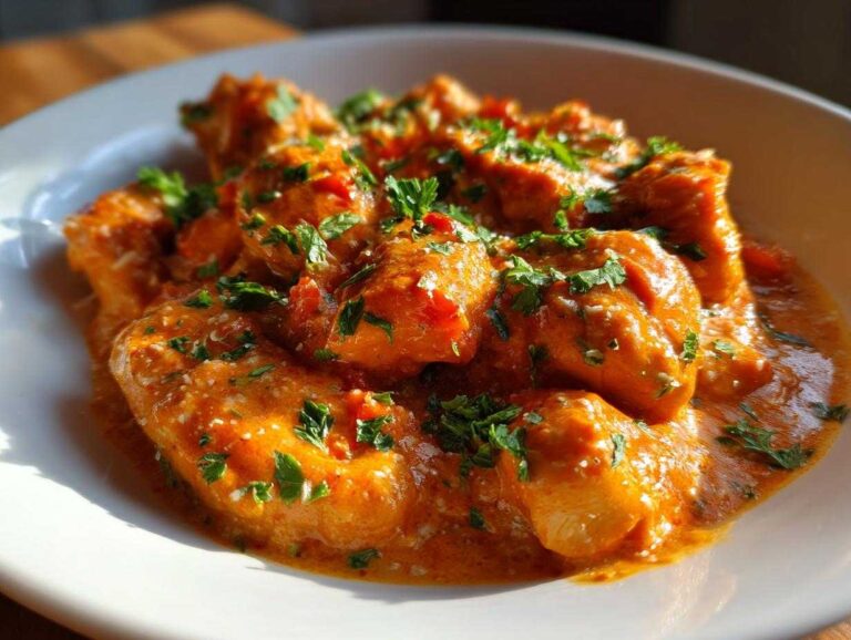 Close-up of tender chicken pieces coated in a rich, orange Roasted Red Pepper Chicken sauce, garnished with fresh parsley.