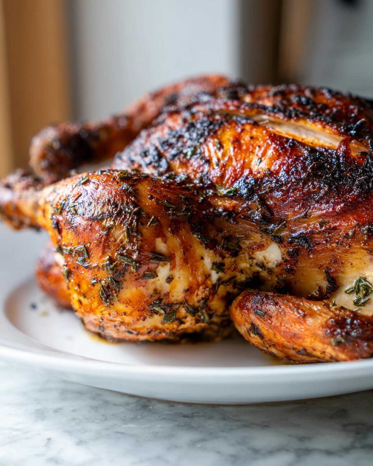 Close-up of a whole, roasted spatchcock chicken with dark, crispy, herb-rubbed skin resting on a white plate.