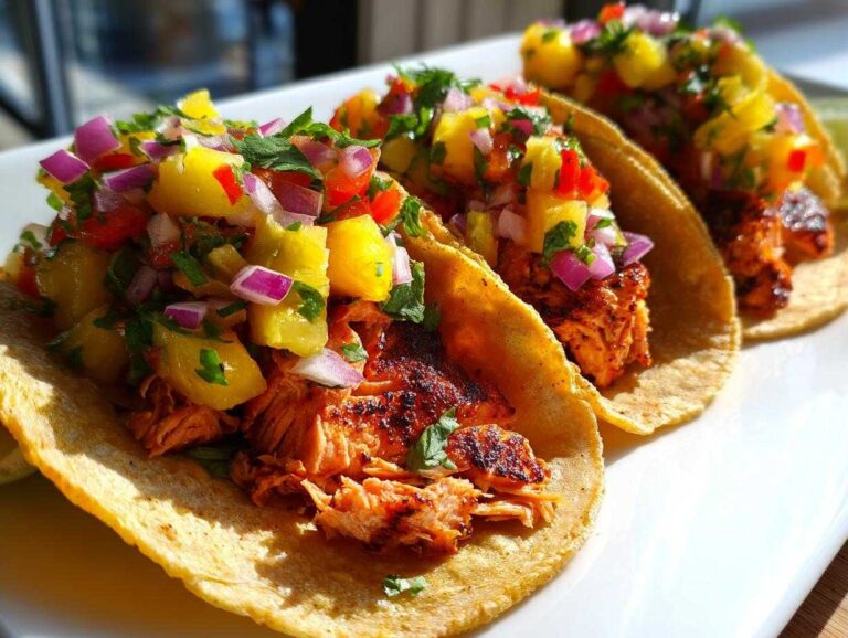 Three delicious Salmon Tacos with Pineapple Salsa piled high on soft corn tortillas, served on a white plate.