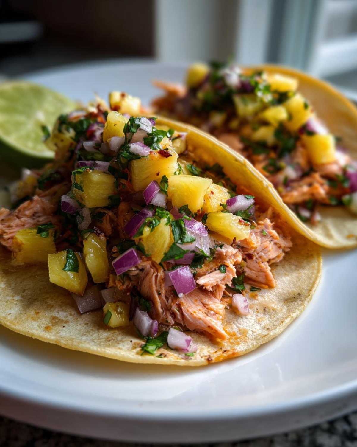 Two delicious Salmon Tacos with Pineapple Salsa piled high with flaky salmon and colorful salsa on a white plate.