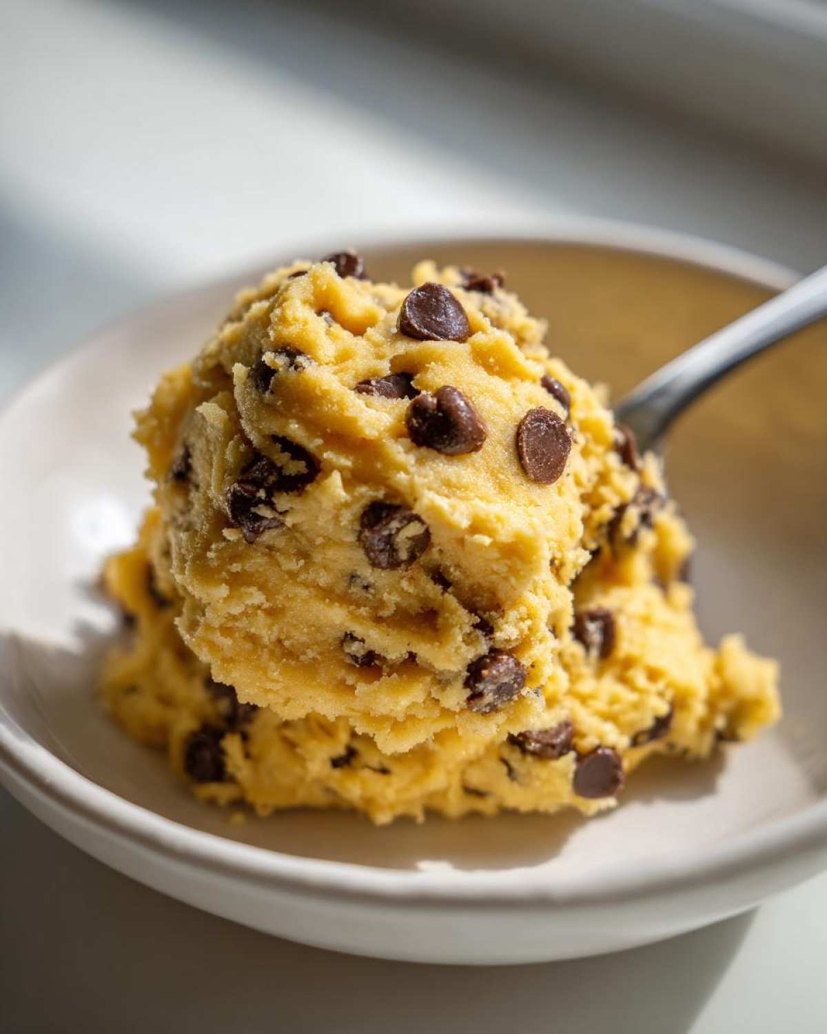 A close-up of a scoop of yellow high protein cookie dough loaded with dark chocolate chips, held in a white bowl with a spoon.